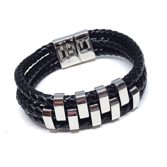 Men’s Stainless Steel Leather Bracelet - Picture 2 of 8